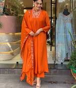 women pure cotton embroidered orange kurta with pant and dupatta