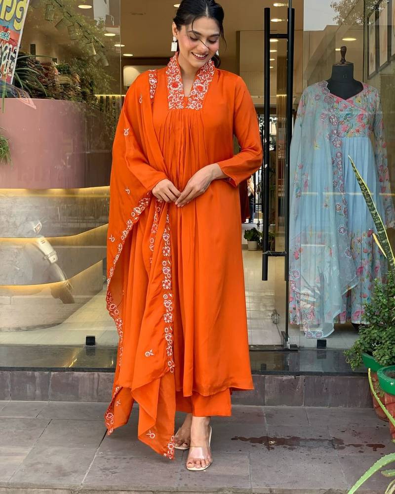 Aaysa women pure cotton embroidered orange kurta with pant and dupatta