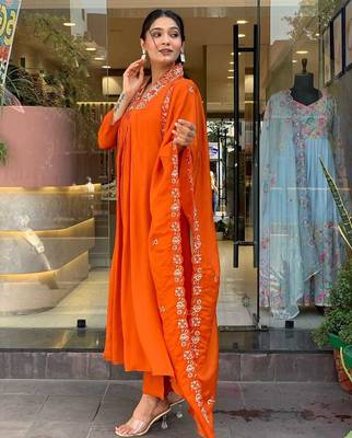 Orange Women Pure Cotton Embroidered Kurta With Pant And Dupatta 2