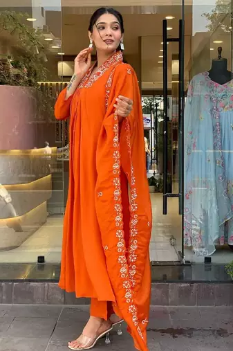 Orange Women  Cotton Embroidered Kurta With Pant And Dupatta