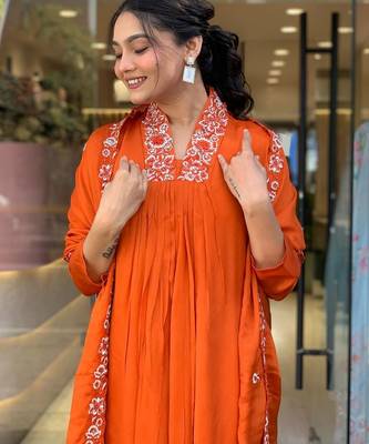 Orange Women Pure Cotton Embroidered Kurta With Pant And Dupatta 3