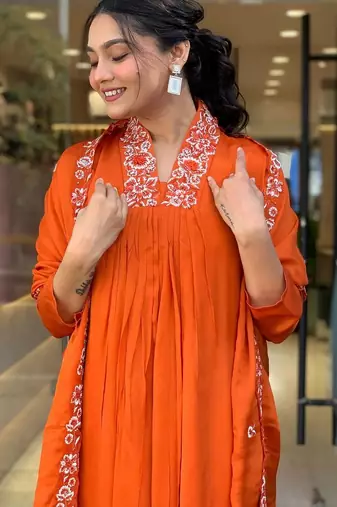 Orange Women  Cotton Embroidered Kurta With Pant And Dupatta