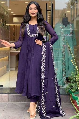 Aaysa women pure cotton embroidered blue kurta with pant and dupatta