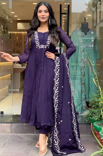 Aaysa women pure cotton embroidered blue kurta with pant and dupatta