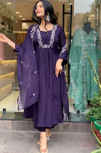 Blue Women  Cotton Embroidered Kurta With Pant And Dupatta