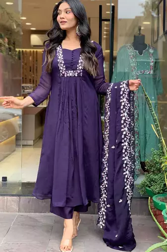 Blue Women  Cotton Embroidered Kurta With Pant And Dupatta