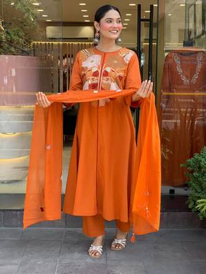 Orange Women Pure Cotton Embroidered Kurta With Pant And Dupatta 1