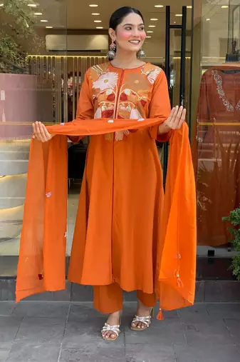 Aaysa women pure cotton embroidered orange kurta with pant and dupatta