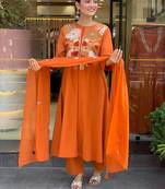 women pure cotton embroidered orange kurta with pant and dupatta