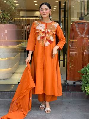 Orange Women Pure Cotton Embroidered Kurta With Pant And Dupatta 2