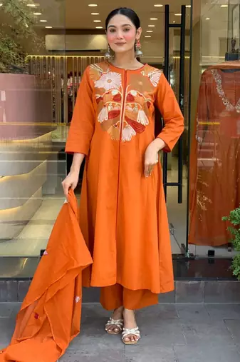 Orange Women  Cotton Embroidered Kurta With Pant And Dupatta