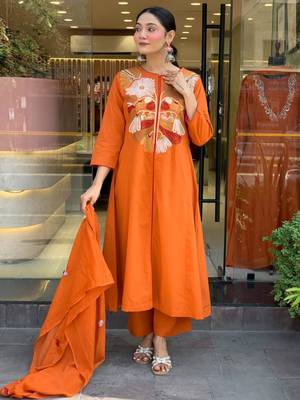 Orange Women Pure Cotton Embroidered Kurta With Pant And Dupatta 3