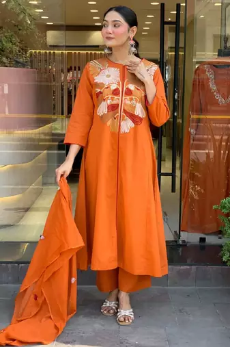 Orange Women  Cotton Embroidered Kurta With Pant And Dupatta