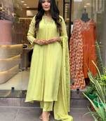 Green Women Pure Cotton Embroidered Kurta With Pant And Dupatta