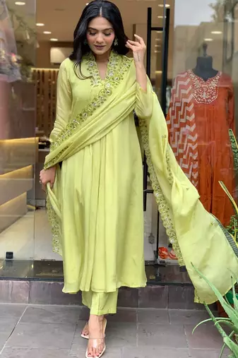 Green Women  Cotton Embroidered Kurta With Pant And Dupatta