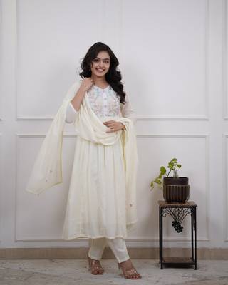 White Women Pure Cotton Embroidered Kurta With Pant And Dupatta 1
