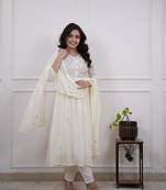 White Women Pure Cotton Embroidered Kurta With Pant And Dupatta