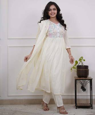 White Women Pure Cotton Embroidered Kurta With Pant And Dupatta 2