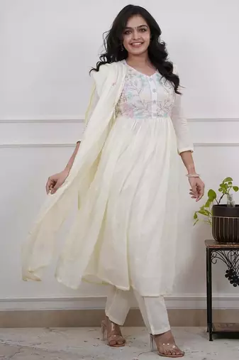 White Women  Cotton Embroidered Kurta With Pant And Dupatta