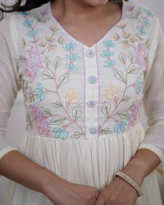White Women Pure Cotton Embroidered Kurta With Pant And Dupatta 3