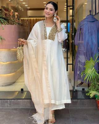 White Women Pure Cotton Embroidered Kurta With Pant And Dupatta 1