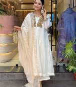 White Women Pure Cotton Embroidered Kurta With Pant And Dupatta