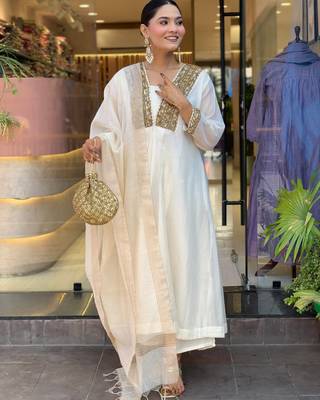 White Women Pure Cotton Embroidered Kurta With Pant And Dupatta 3