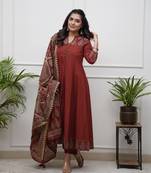 Red Women Pure Cotton Embroidered Kurta With Pant And Dupatta