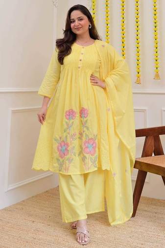 Aaysa women pure cotton embroidered yellow kurta with pant and dupatta