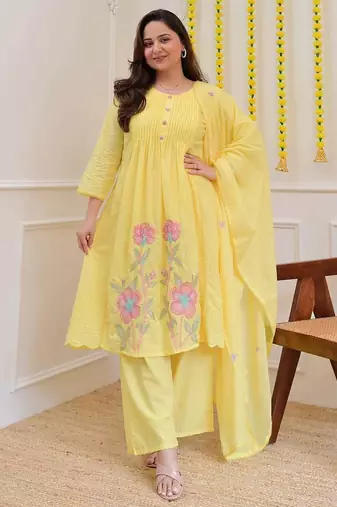 Aaysa women pure cotton embroidered yellow kurta with pant and dupatta
