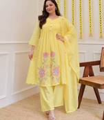 Yellow Women Pure Cotton Embroidered Kurta With Pant And Dupatta