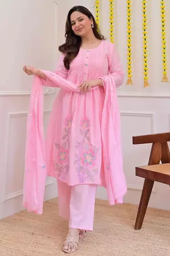 Aaysa women pure cotton embroidered pink kurta with pant and dupatta