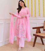 Pink Women Pure Cotton Embroidered Kurta With Pant And Dupatta