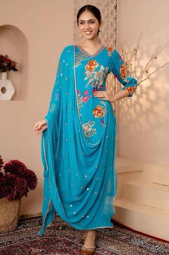 Aaysa women pure cotton embroidered blue kurta with pant and dupatta