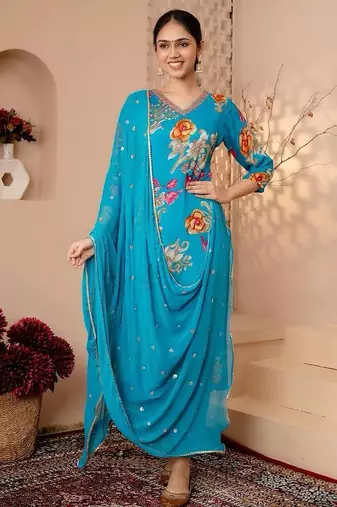 Aaysa women pure cotton embroidered blue kurta with pant and dupatta