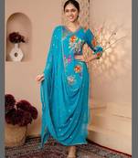Blue Women Pure Cotton Embroidered Kurta With Pant And Dupatta