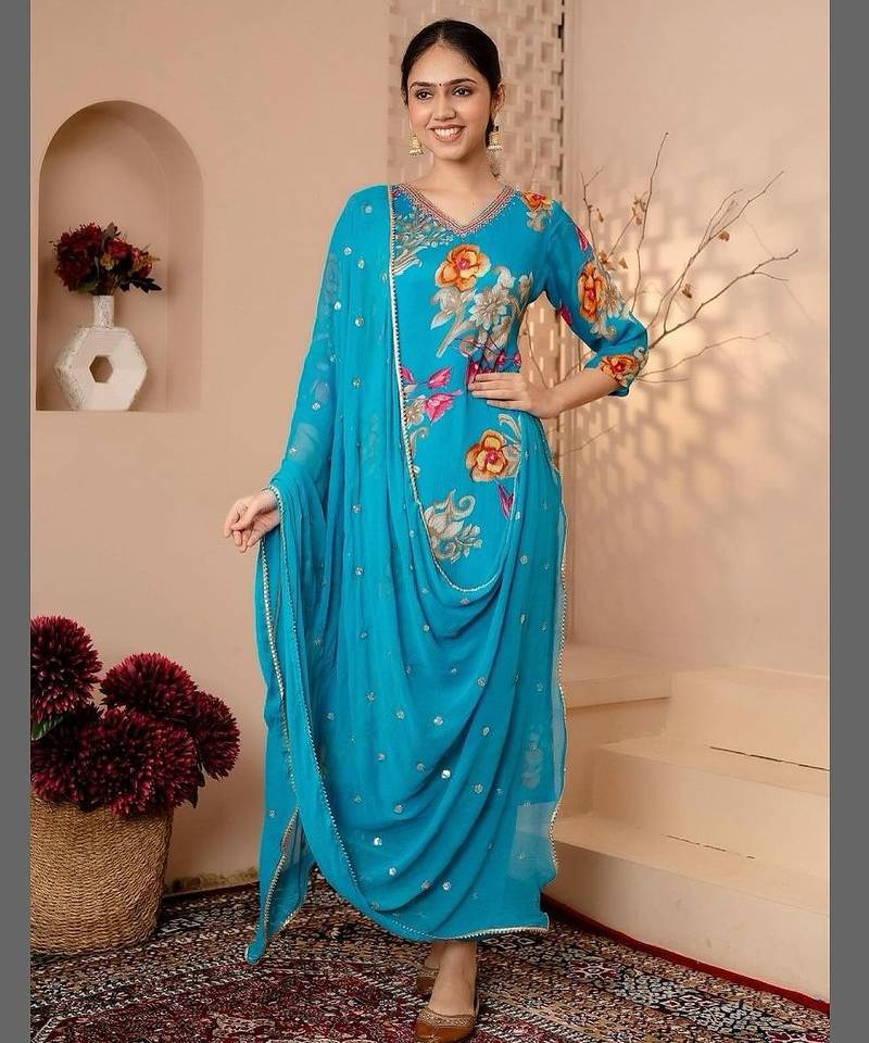 Aaysa women pure cotton embroidered blue kurta with pant and dupatta