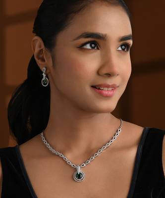 Silver plated cubic zirconia american diamond necklace & earrings jewellery set for women 1