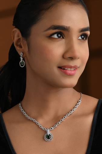 Silver plated cubic zirconia american diamond necklace & earrings jewellery set for women