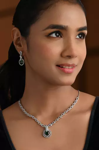 Silver plated cubic zirconia american diamond necklace & earrings jewellery set for women