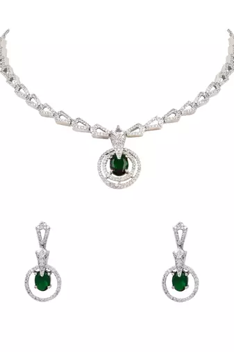 Silver plated cubic zirconia american diamond necklace & earrings jewellery set for women