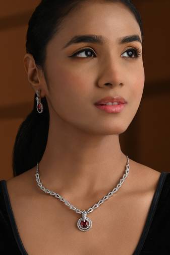 Silver plated cubic zirconia american diamond necklace & earrings jewellery set for women