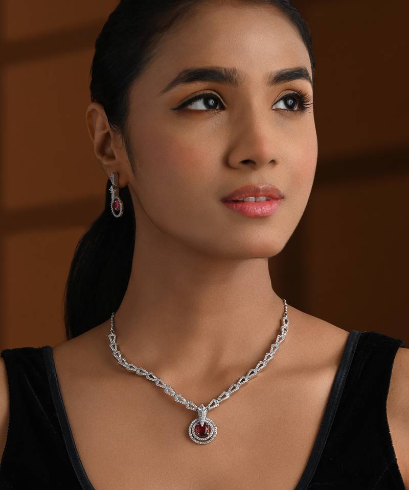 Silver plated cubic zirconia american diamond necklace & earrings jewellery set for women