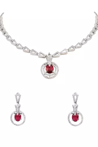 Silver plated cubic zirconia american diamond necklace & earrings jewellery set for women