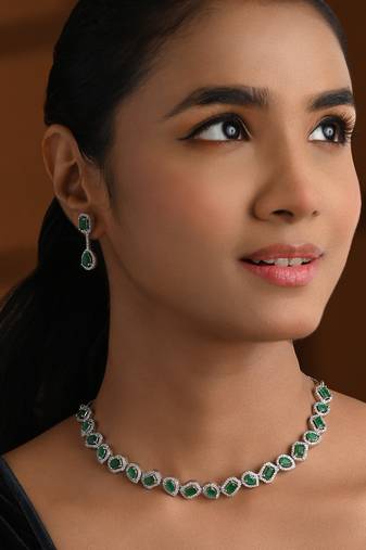 Silver plated cubic zirconia american diamond necklace & earrings jewellery set for women