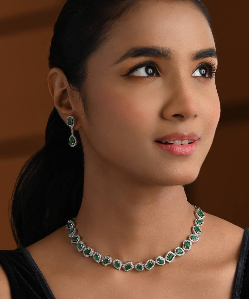 Silver plated cubic zirconia american diamond necklace & earrings jewellery set for women