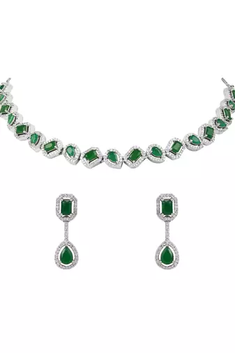 Silver plated cubic zirconia american diamond necklace & earrings jewellery set for women