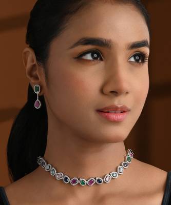 Silver plated cubic zirconia american diamond necklace & earrings jewellery set for women 1
