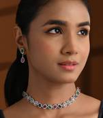 Silver plated cubic zirconia american diamond necklace & earrings jewellery set for women