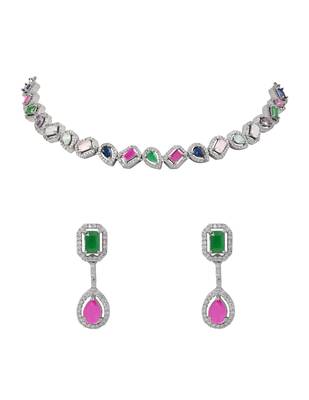 Silver plated cubic zirconia american diamond necklace & earrings jewellery set for women 2